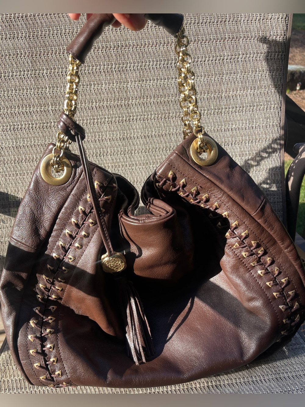 Vince Camuto Brown Hobo Shoulder Bag Gold Chain Tassel Charm Large